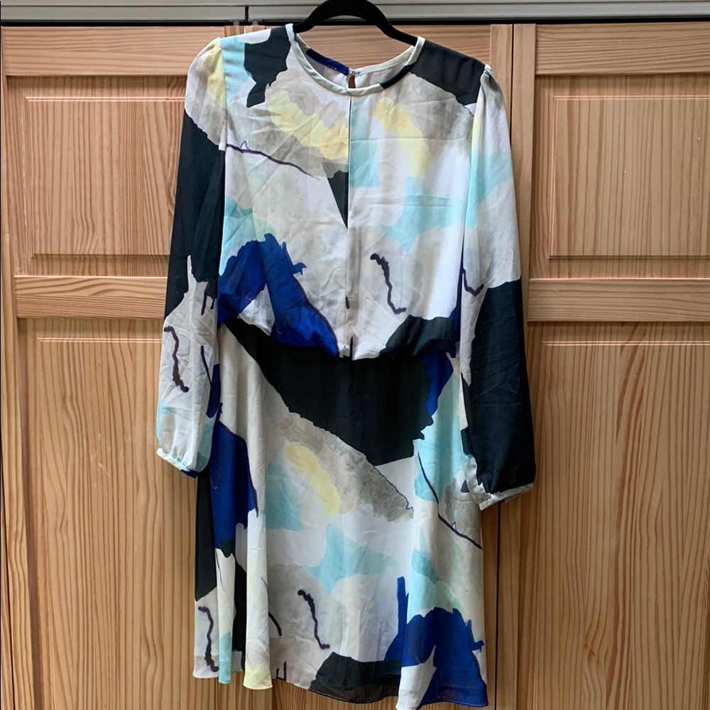 Reiss Blue and White A-Line Bishop Sleeve Dress